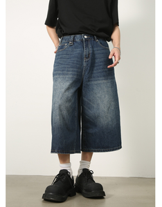 Shorts en jean délavé coupe droite décontractée et tendance pour homme, style vintage usé, longueur sept-huizièmes, idéal pour l'été - Product Image 3