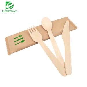 EVERYDAY Natural Birch Wood Biodegradable Disposable Cutlery 160mm 140mm Wooden <strong>Spoon</strong> <strong>Knife</strong> <strong>Fork</strong> <strong>Set</strong> - Product Image 1