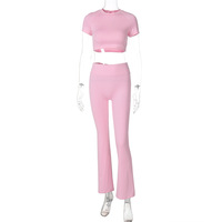 2024 été nouveau femmes coupe ajustée haut court taille haute pantalon mode ensemble décontracté solide tricot femmes ensembles en gros