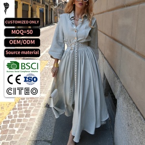 Vestido Camisero Maxi de Lino y Algodón con Cuello Camisero y Cintura Alta, Manga Tres Cuartos, Corte Holgado, Color Sólido, para Uso Diario Informal - Product Image 1