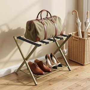 Gold Luggage <strong>Rack</strong>, Foldable Iron Suitcase Stand with 5 Nylon Straps, Luggage Holder with Shelf for Guest Room Bedroom Hotel - Product Image 5