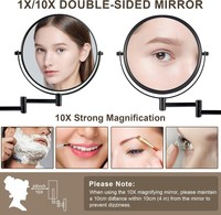 Miroir de maquillage mural en métal au design moderne, grossissement 1X/10X, bras extensible, rotation à 360°, double face