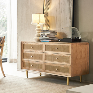 Buffet moderne en bois massif et rotin à 6 tiroirs, <span class=keywords><strong>commode</strong></span> double en osier tressé style bohème chic pour rangement chambre/salon, meuble TV - Product Image 3
