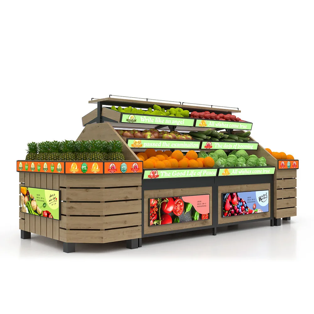 LED Display Show Retail Supermarket Grocery Store Wood Metal Fruit Vegetable Produce Display Rack Table Case for Sale