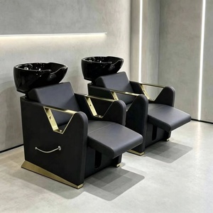 Sillón de Lavado de Cabello Negro para Salón de Belleza con Lavabo de Cerámica, Silla de Peluquería en Oferta - Product Image 1