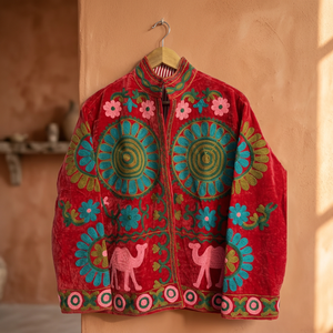 OEM ODM Ropa Casual de Invierno para Mujer, Tela de Terciopelo Rojo, Diseño Multicolor con Estampado de Camelones y Flores, Cuello Alto, Manga Larga, Abierto - Product Image 4
