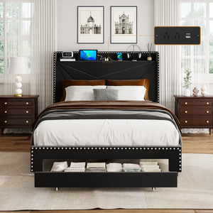 Queen Adjustable Bed Frame <strong>USB</strong> Type-C Charging <strong>Ports</strong> Modern Style Metal <strong>Upholstered</strong> Platform Padded <strong>Headboard</strong> Storage Drawers - Product Image 1