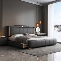 Cadre de lit King/Queen personnalisable en cuir minimaliste avec rembourrage confortable, structure en bois de pin, rangement intégré, écologique