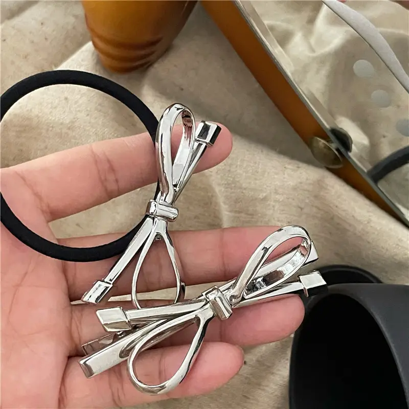 Korean elegant Silver bow girl's hair tie Accessories Personality simple hair clip accessories Fashion women's jewelry