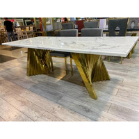 Table à manger rectangulaire de luxe en marbre pour 4 personnes, base en acier inoxydable plaqué or, mobilier de salle à manger moderne