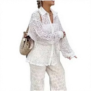 Blusa de encaje de manga larga para mujer, camisa transparente con cuello floral, top bohemio holgado, primavera verano - Product Image 3