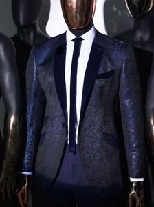 Trajes de esmoquin Blazers azules marinos formales para fiesta de graduación de boda para hombre con brocado jacquard ajustado a medida - Product Image 3