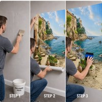 Papier peint mural personnalisé Village Côtier Scénique – Paysage de maison en pierre et mer bleue pour Hôtels, Restaurants et Décoration Intérieure