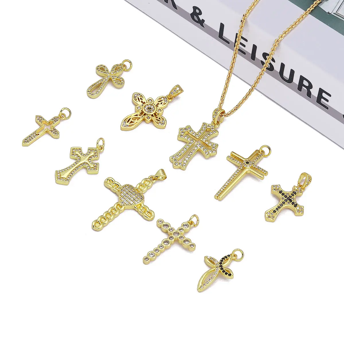 Jin Xiuxing modischer Anhänger für Damen, Kupfermetall 24k Gold vergoldeter Halskette Anhänger, bunter Kreuz-Punkt-Diamant-Anhänger