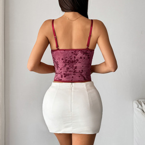 T-shirt de lingerie pour femme, style vintage, en maille imprimée, avec empiècements en dentelle et armatures en acier, à bretelles, pour l'extérieur, tendance - Product Image 5