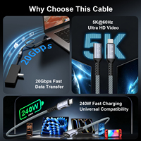Câble d'extension Type-C vers Type-C 20 Gbps 5K60Hz 240W 5A PD à charge rapide en alliage d'aluminium pour ordinateur portable, téléphone portable et tablette