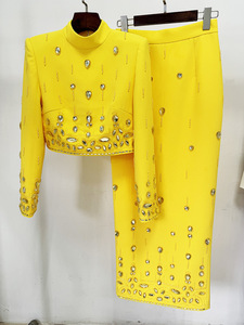 SR2316 Yellow Beautiful Spring Autumn Clothes Luxury <strong>Tops</strong> and Skirt Set With Pearl Fashion <strong>Crystal</strong> Two Pieces Set - Product Image 3