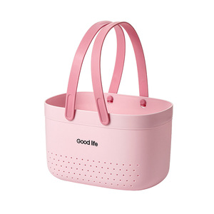 Portable Silicone-Handled Perforated Bath Basket Pink White PP Material Easy Cleaning For Bathroom Toiletries Storage - Product Image 3