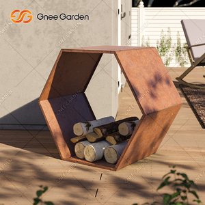 GNEE 30-inch Modern Hexagon Corten Steel <b>Log</b> <b>Holder</b> with Customized Finish and Fireplace Screen for Indoor/Outdoor Use - Product Image 5