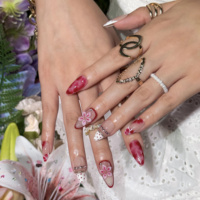 Ongles en acrylique à presser, motifs 3D fleurs, perles et strass, logo personnalisable, longueur moyenne, forme amande, pour salons de manucure en gros