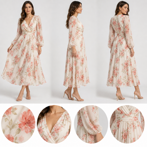 Abito Midi Estetico Boho Floreale in Chiffon 2027 da Donna con Scollo <span class=keywords><strong>a</strong></span> V, <span class=keywords><strong>Maniche</strong></span> Lunghe, Vita Avvolta, Fluido, per Ospite di Matrimonio, Vacanza, Cocktail - Product Image 3
