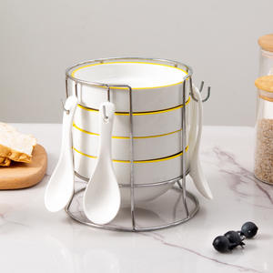 Juego de tazones nórdicos de cerámica blancos de 5.5 pulgadas con cuchara para servir ensaladas y desayunos, para uso doméstico en la cocina. - Product Image 4