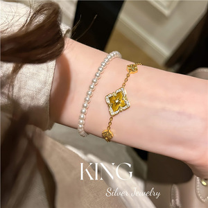 ชุดสร้อยคอและกำไลข้อมือเงินแท้ S925 ชุบทอง ประดับเปลือกหอยมุก สำหรับผู้หญิง สวมใส่ได้ทุกวัน - Product Image 4