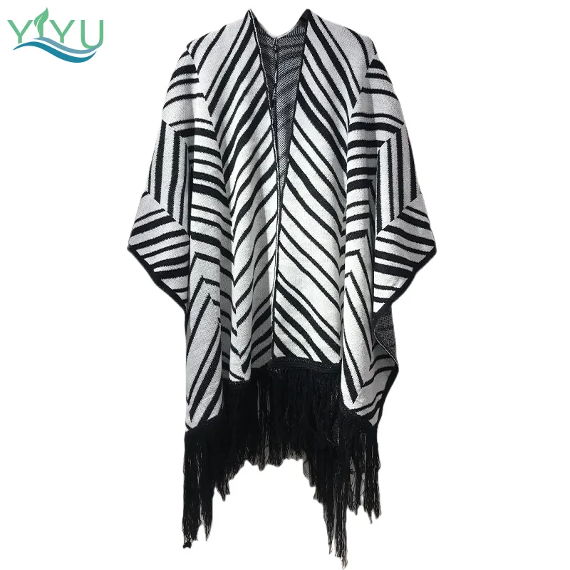 Women's Zebra-Print Wrap Black White Knitted Striped Sweater Cape Fringed Knitted Shawl Sleeveless Women Poncho Tassel