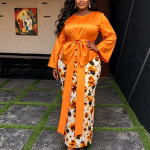 Abito Aderente Stampato <span class=keywords><strong>da</strong></span> Donna Africana con Scollo a O, Maniche Lunghe Svasate e Peplum con Fiocco – Perfetto per Matrimoni, Eventi, Feste, Ufficio, Cerimonie e Festival - Product Image 1