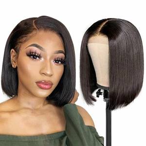 Brun foncé 10 pouces porter et aller sans colle Bob perruque cheveux humains court droit Bob perruques pour les femmes sans colle dentelle partie perruque de cheveux humains - Product Image 1