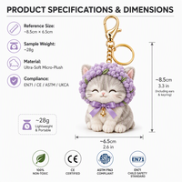 Gantungan Kunci Boneka Kucing Lavender Kustom Abu-abu Dengan Topi Bunga Ungu, Pita Ungu, Bordir Logo Kustom, Kotak Hadiah Mewah