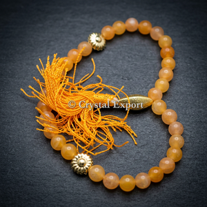 Pulsera de Oración con Cuentas de Ágata de Jade Amarillo, Diseño Circular Tallado, Tema Feng Shui, Joyería Religiosa Hecha a Mano, Borla Naranja - Product Image 2