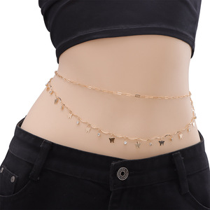 โซ่คาดเอวสองชั้นสีทองประดับผีเสื้อและคริสตัลพู่ห้อยสำหรับผู้หญิง สไตล์สตรีทแฟชั่น ใส่ได้ทุกวัน โซ่โลหะแบบห่วงเดี่ยว - Product Image 1