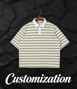 Camiseta Polo Personalizada a Rayas Verdes <span class=keywords><strong>Crema</strong></span> para Hombre, Cuello Blanco, Manga Corta, Casual, al por Mayor - Product Image 1