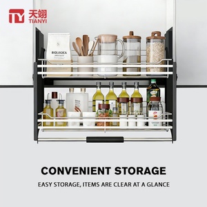 TIANYI Modern 2-Tier Flat Wire Pull Down <b>Shelf</b> Kitchen Upper Cabinet Lift Basket <b>Chrome</b> Plated Steel Elevator Storage Organizer - Product Image 4