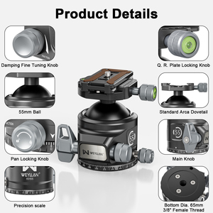 WEYLLAN KH55 Soporte de Cabezal Esférico de 55mm para Trípode de Alta Resistencia, Riel Mlok, Placa Arca Swiss Q.R., Soporte de Cabezal de Cámara Metálico de Perfil Bajo L95 - Product Image 6