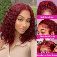 Perruque Bob Deep Water Wave 99J Bourgogne en Cheveux Humains Brésiliens Remy 13x4 avec Dentelle Transparente Courte Bouclée Pré-Pluckée
