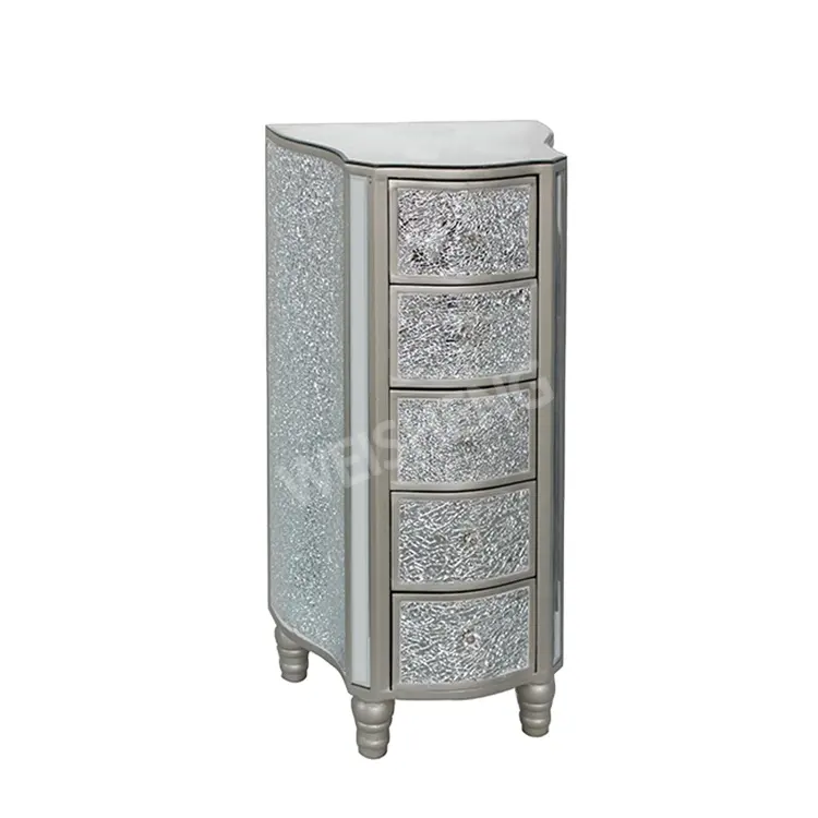 5 drawer crackle mirror cabinet with champagne silver wooden trim