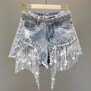 Nuevos shorts <span class=keywords><strong>de</strong></span> mezclilla para <span class=keywords><strong>mujer</strong></span>, estilo europeo, <span class=keywords><strong>de</strong></span> cintura alta, con cuentas, lentejuelas y flecos, efecto desgastado, colección verano 2026 - Product Image 1