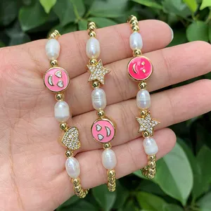 Mädchen Kette kultiviert Charme Acryl einfache rosa niedlichen Smiley Süßwasser Perle Armband Frauen