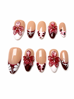 Uñas Postizas Francesas Cortas Almendradas Color Borgoña, Elegantes, Hechas a Mano, 10 Piezas, Reutilizables, con Flores 3D para Bodas y Fiestas
