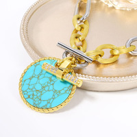 Collier de mode plaqué or 18 carats imperméable, strass, barre à bascule, acier inoxydable, pendentif turquoise avec câble, chaîne