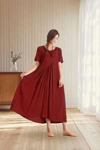 Vestido Maxi de Algodón Ecológico Natural, Corte Regular, Color Sólido, para Mujer, Manga Corta, Estilo Bohemio, Verano, OEM, ODM, Marca Privada - Product Image 3