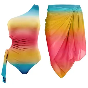 Fashion Print One-Piece Swimsuit Set Body Fit Sexy Bikini High Waist Drawstring Swimwear Women