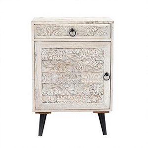 Chevet en bois sculpté turquoise vieilli, moderne, fait à la main, 2 tiroirs, bois massif, aspect floral, meubles de chambre à coucher - Product Image 1