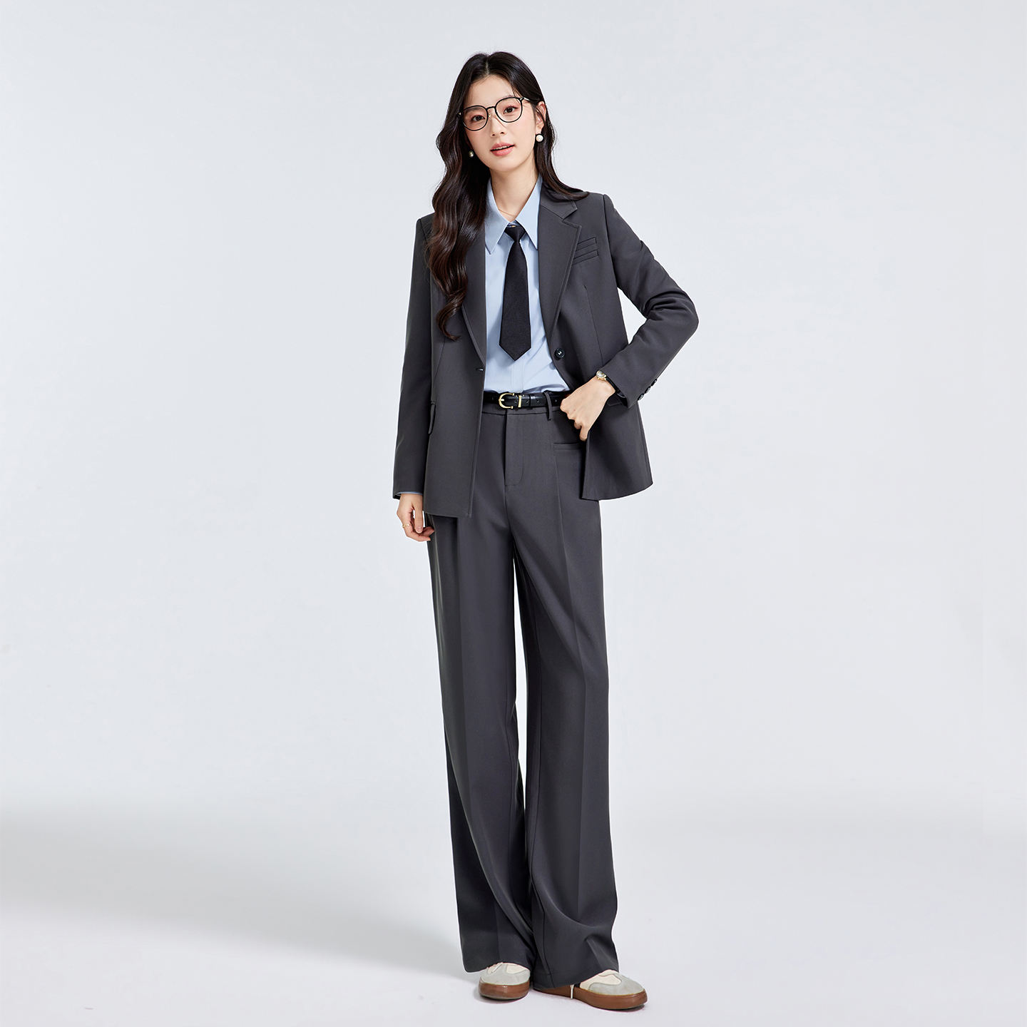 กางเกงสูทขากว้างสีเทา