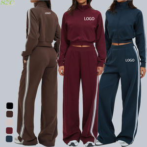 Ensemble de sport décontracté pour femmes, automne-printemps, haut court à col montant et fermeture éclair, pantalon à taille haute avec poches, ensemble de sport personnalisé de haute qualité - Product Image 1
