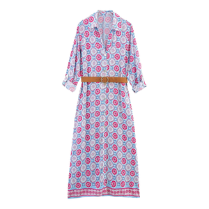 Abito estivo Vintage con stampa floreale da donna con <span class=keywords><strong>colletto</strong></span> a girocollo a maniche lunghe con cintura naturale di <span class=keywords><strong>Maxi</strong></span> lunghezza alla moda <span class=keywords><strong>camicia</strong></span> Casual - Product Image 4