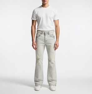 Vaqueros acampanados de mezclilla gris claro para hombre Wangsheng, cintura media, corte ajustado, estilo Y2K, desgastados, con dobladillo rasgado, de elastano/algodón, estilo casual urbano. - Product Image 6