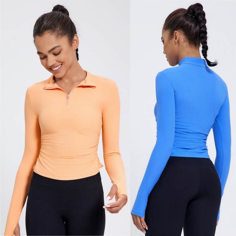 Aoyema New High Strength Plus Size Quick Dry Half-open Zipper Yoga Women's Exercise Fitness Ribbed Tops Sportswear Long Sleeve
